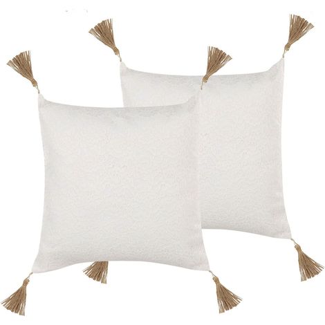 Conjunto de 2 cojines decorativos blancos con encaje y flecos beige 45 x 45 cm Azalea (1/5)