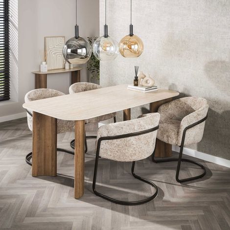 Ensemble table 180 cm + 4 fauteuils repas en tissu doux sable - KRIOLA (1/5)