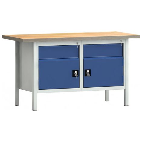 Établi PW 700 l.1500xP700xH840 mm hêtre Multiplex gris clair, RAL 7035 bleu gentiane, RAL 5010 2 tir. 2 portes