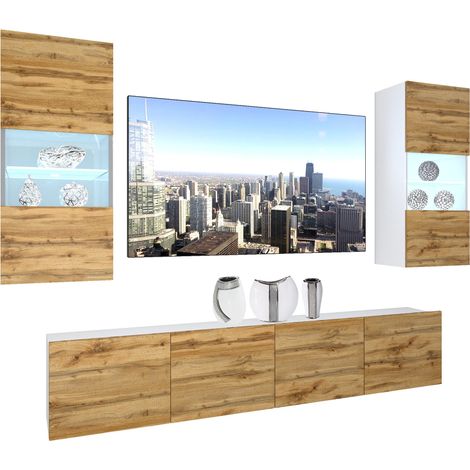 BELINI - Unité Murale TV NEX I Ensemble Muebles de Salon Complet I Ensemble Meuble TV avec Illumination LED I Dimensions: 200 x 180 x 36 cm I Coleur: chêne wotan (1/5)