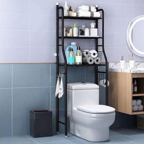 Étagère WC 3 Niveaux en Métal, Rangement Autoportant Noir avec Porte-Rouleau (1/5)