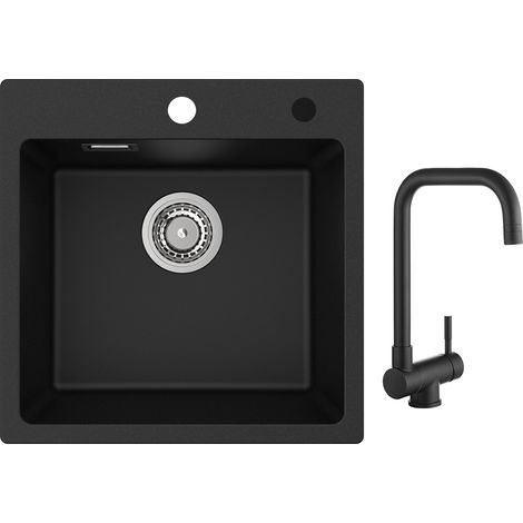 Cecipa Evier 1 Bac en Quartz et Résine 45x45cm Evier de Cuisine Evier à Encastrer 1 cuve + Cuisine Rabattable Robinet Pliable Mitigeur Sous Fenêtre Noir (1/5)