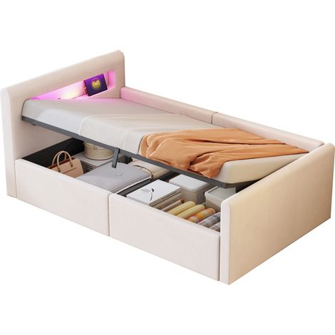 Lit enfant 90 x 200 cm avec LED, veilleuse, port USB, coffre hydraulique, tête de lit réversible, velours beige, pour chambre fille ou garçon - CHICFURN (1/5)