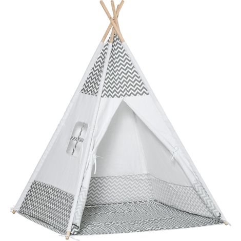 Tipi en bois portable pour enfants dès 3 ans, avec fenêtre, matelas de couchage et sac de transport, pour une utilisation intérieure et extérieure, 120 x 120 x 155 cm, gris (1/5)