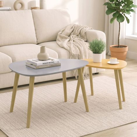 Lot de 2 tables basses gigognes design scandinave pieds en bois et plateau en bois, gris et jaune (1/5)