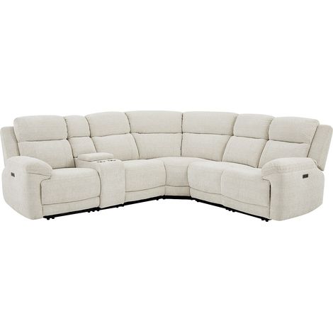 Divano angolare relax elettrico con ripiano in tessuto melange beige - KELUNO