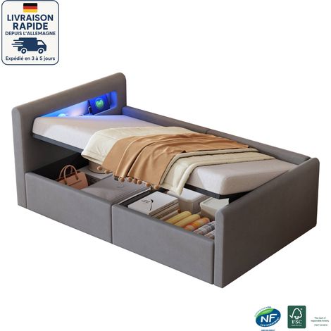 Cama canapé tapizada de tela 90 x 200 cm - Cama infantil - Con luz LED, con luz de noche y puerto de carga USB, con estante - Terciopelo de diseño - Madera con certificación PEFC - Gris claro (1/5)