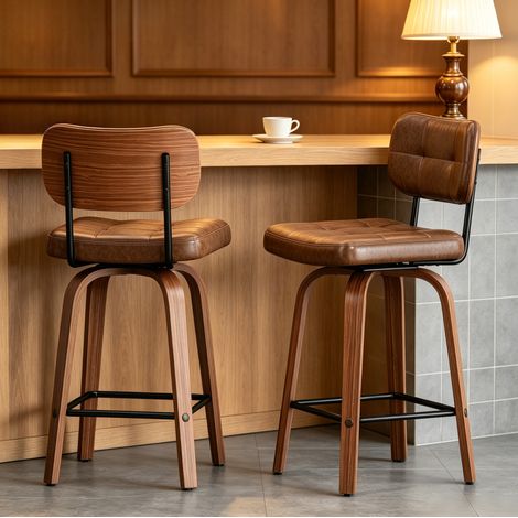 Pack de 2 taburetes de bar giratorios 360° en nogal, con tapizado PU y respaldo de madera (1/5)