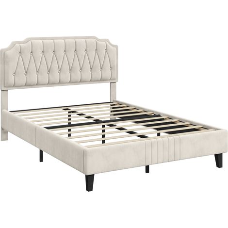 Yaheetech Lit Double Capitonnée Réglable en Hauteur Cadre de Lit en Bois avec Sommier à Lattes Pieds en Bois Massif et Métal- Beige - 160x200 cm