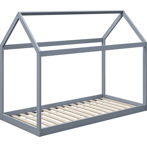 Single Bed Frame- House Scandinavian Style Wooden Bed Frame for 90W  190Dcm Mattress- Pine Wood Bed Base- Grey (1/5)