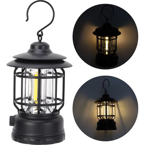 Lanterne de camping ABS à intensité variable en continu, lampe de poche rétro rechargeable, lampe de tente portable pour randonnée en plein air, urgence, noir,DUBUNS (1/5)