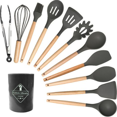 Ensemble d'ustensiles de cuisine en silicone noir résistant à la chaleur, 12 pièces avec support (1/5)