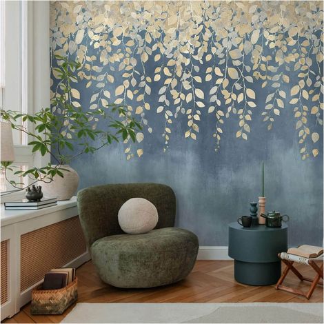 Photo wallpaper wall Profhome 791442 hot embossed non-woven wallpaper slightly textured with floral ornaments matt blue pigeon blue sandy beige pearl beige 1,59 m x 2,8 m