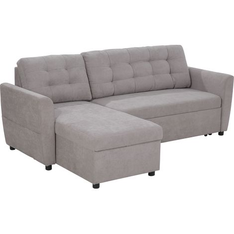 Divano Letto 3 Posti con Chaise Longue Contenitore in Tessuto, 217x134x85cm, Grigio