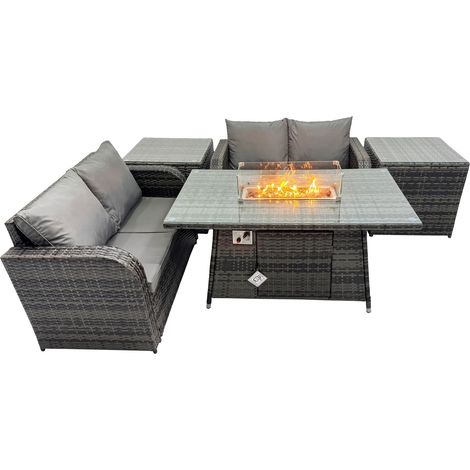 Fimous 4-seater Patio Gas Firpit Dining Table Sofa Sets Rattan Garden Furniture Dining Set with 2 Side Tables Dark Grey Mixed (1/5)