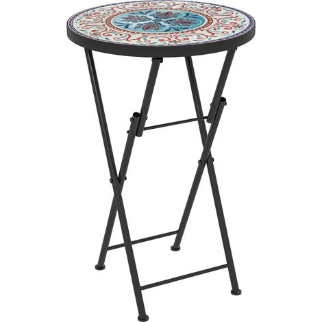Table de jardin mosaïque, table de patio ronde et pliable avec structure en métal et plateau en céramique, motif mosaïque, multicolore