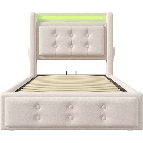 Polsterbett 90x200 cm Beige mit LED-Kopfteil, USB-C und hydraulischem Stauraum (1/5)