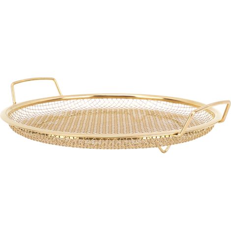 Corbeille à fruits ronde en acier inoxydable doré, avec double poignée et égouttoir en métal. (1/5)