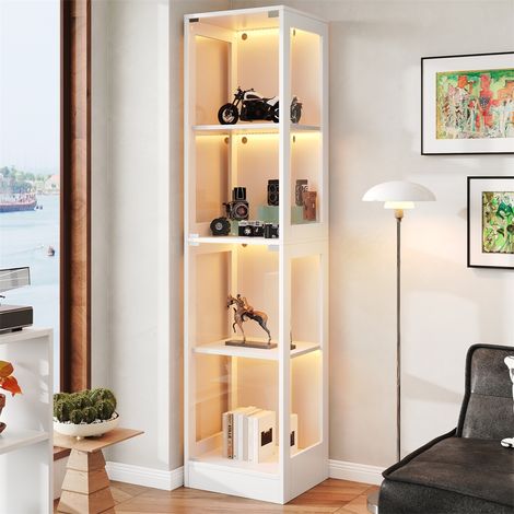 Vitrine Colonne LED 40x35x170cm - Porte Unique Verre Trempé 4 Niveaux Éclairage App Portes Push-to-Open - Blanc Minimaliste (1/5)