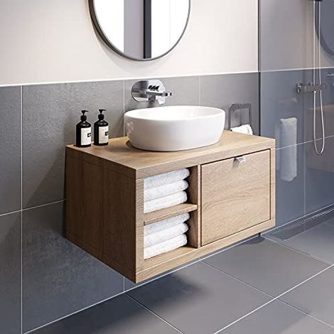 Bathroom Oak Wall Hung Vanity Unit and Basin Sink Cabinet Storage 800mm Shelving Unit with 480mm Oval White Basin (1/5)