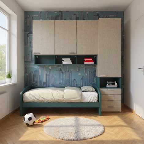 Cameretta a mezzo ponte con divano letto, armadio e cassettiera - Effetto Tessuto e Verde Petrolio