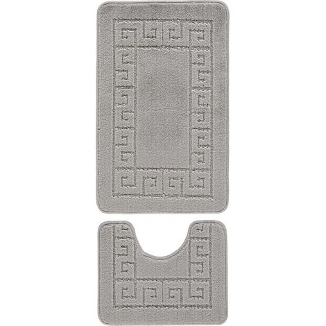 Ensemble de 2 tapis de bain antidérapants à motif de clé grecque, tapis doux et lavable, tapis de douche absorbant à séchage rapide et piédestal (anthracite) (1/4)