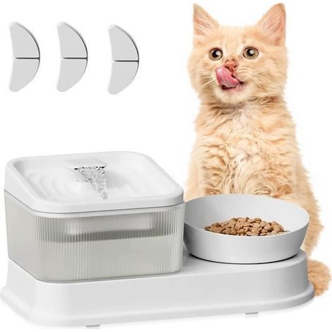 (Weißer) Katzenbrunnen/Katzenfutterspender – 2-in-1 für Katzen und Hunde – mit 3 Aktivkohlefiltern – USB-Anschluss – weiß (1/3)