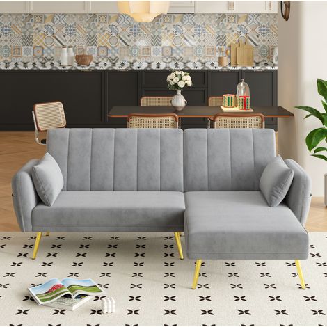 Canapé d’angle convertible en velours gris 191,5x130,5x80 cm, méridienne réversible, dossier 3 positions (1/5)