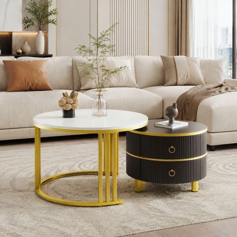 Tavolino basso rotondo impilabile 2 pezzi con 2 cassetti, nero/bianco effetto marmo, MDF (1/5)