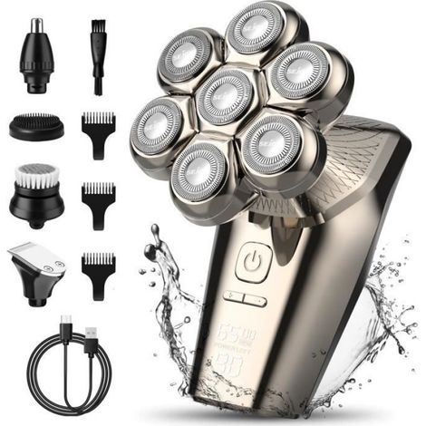 Rasoir Électrique Homme Sans Fil 5 En 1 - Têtes Chauve Tondeuse à Barbe Cheveux Nez et Oreilles - Marron (1/4)