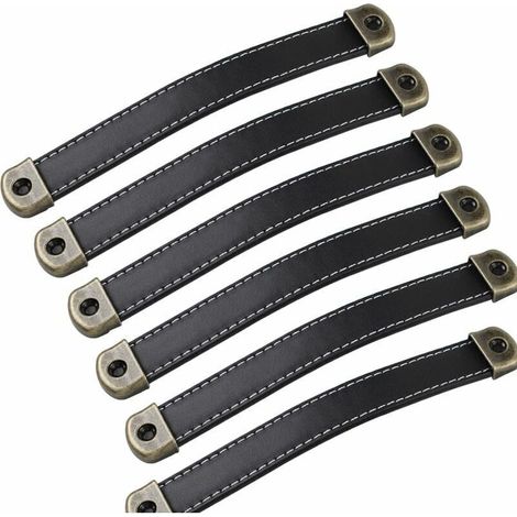 Lot de 6 Poignées de Meubles en Cuir Vintage Noir pour Cuisine Entraxe 160 mm (1/4)