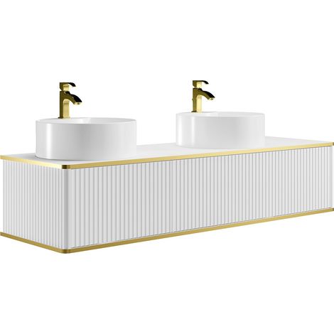 Meuble de salle de bain suspendu strié liseré doré 2 tiroirs avec double vasque à poser ronde - Blanc - 150 cm - KELIZA