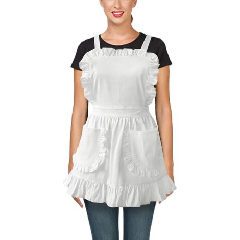 Tablier En Dentelle Ébouriffée Vintage De Femme De Chambre Double Poche Servante Français Serveuse Froufrous Blanc (1/4)