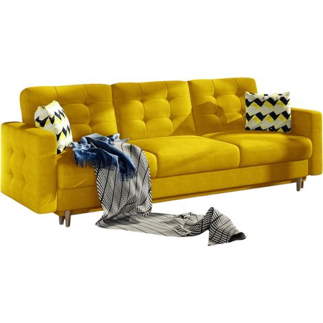 Canapé convertible tissu ANSKA - Pieds bois naturel-Jaune (1/5)