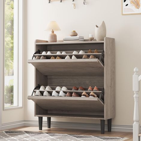 Shoe Cabinet - with Wooden Handles - Grey, 2 Tipping Buckets - for Entryway, Hallway, Closet (1/5)