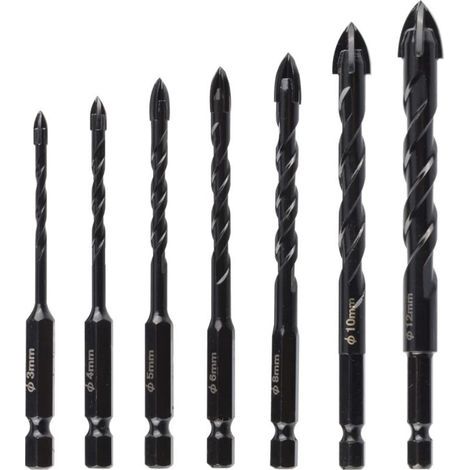 Forets à béton 7 pièces (3–12 mm) – mèches noires 4 taillants pour maçonnerie, carrelage, brique, verre et bois