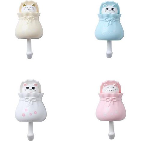 4 crochets adhésifs muraux en forme de chat en ABS, patères décoratives sans perçage, supports autocollants pour vêtements, clés, serviettes et petits accessoires (1/5)