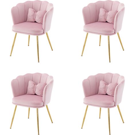 Set de 4 sillas tapizadas de terciopelo rosa con respaldo de pétalo y patas metálicas doradas (1/5)