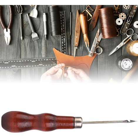 Ensemble de 5 pièces comprenant un poinçon à manche en bois, une perforatrice, un poinçon à coudre et un crochet de cordonnier. (1/5)