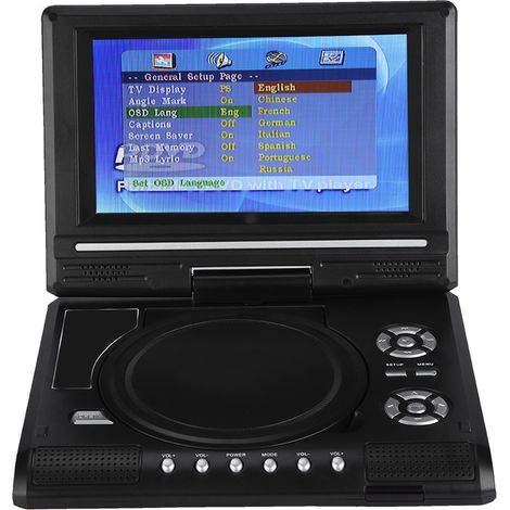 Lecteur DVD portable 7 pouces avec écran pivotant, chargeur de voiture rechargeable, manette de jeu, prise US 100-240 V (1/5)