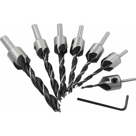 7pcs Fraise Bois Mèche à Bois 5 Flte Foret Conique Set en HSS Acier à Haute Vitesse à Bois Aésoir Chanfreinage Outil 3 4 5 6 7 8 10mm Avec Clé Hexagonale (1/4)