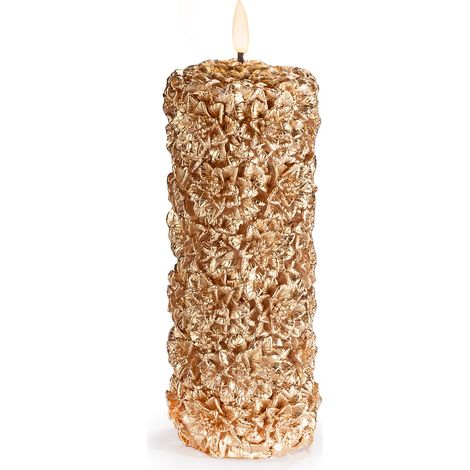 Candele elettroniche di color oro in cera decorate con fiori natalizi in rilievo e fiamma LED in movimento, set da 3 pezzi, Candela: Ø 7,5 cm x 22 H