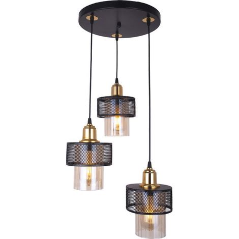 Plafonnier suspension luminaire 3 lumières E27 noir-or D30x85cm (1/5)