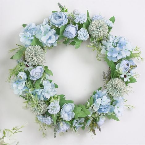 Couronne Artificielle - Pivoine Bleue Brodée - 40 cm - Décoration Porte Mur Mariage Printemps Été - 1 Pièce (1/5)