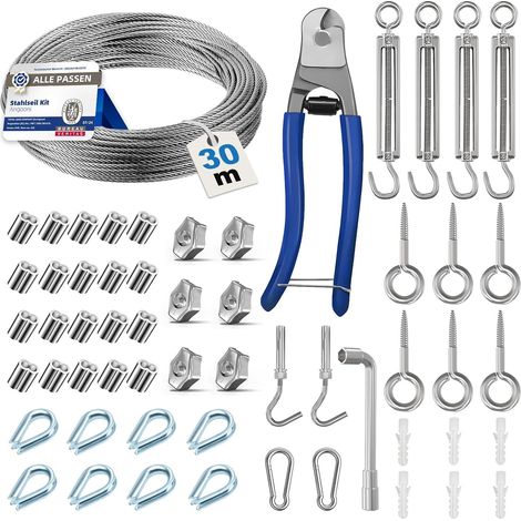 30 m Stahlkabel, 3 mm dickes Drahtseil, M5-Kabelspanner, Edelstahl-Kabelspanner, M5-Wandhaken, Stahlkabel mit Ösen, Pfähle für Kletterpflanzen (1/5)