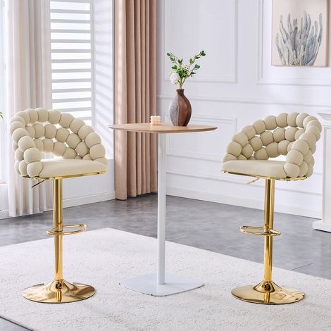 Tabouret de Bar velours crème lot de 2 pièces dossier à chaîne boule piètement réglable doré (1/5)