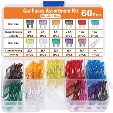 Kit de 60 fusibles automobiles – 11 intensités 2A à 40A – Plastique respectueux de l'environnement – Extracteur inclus - 1Extracteur (1/4)