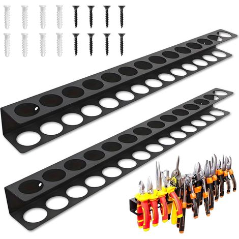 2 supports pour tournevis, support mural de 40 cm avec 14 trous, support mural en métal, support pour pinces, support pour tournevis pour ateliers et établis (noir) (1/5)