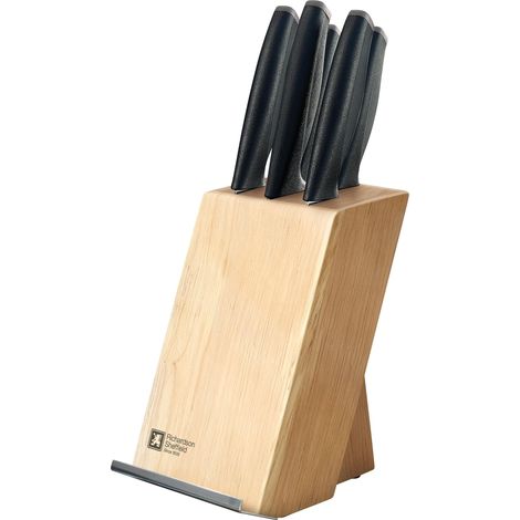 Bloc en bois naturel 5 couteaux de cuisine avec porte tablette - Acier inoxydable 13 C, Finition Satinée - Inox (1/2)