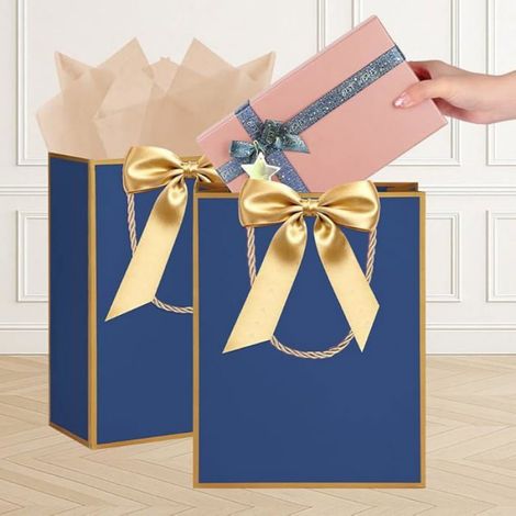 Ensemble de 2 pochettes cadeau or et bleu, ornées d'un ruban arc-en-ciel, pour fête d'anniversaire (1/5)